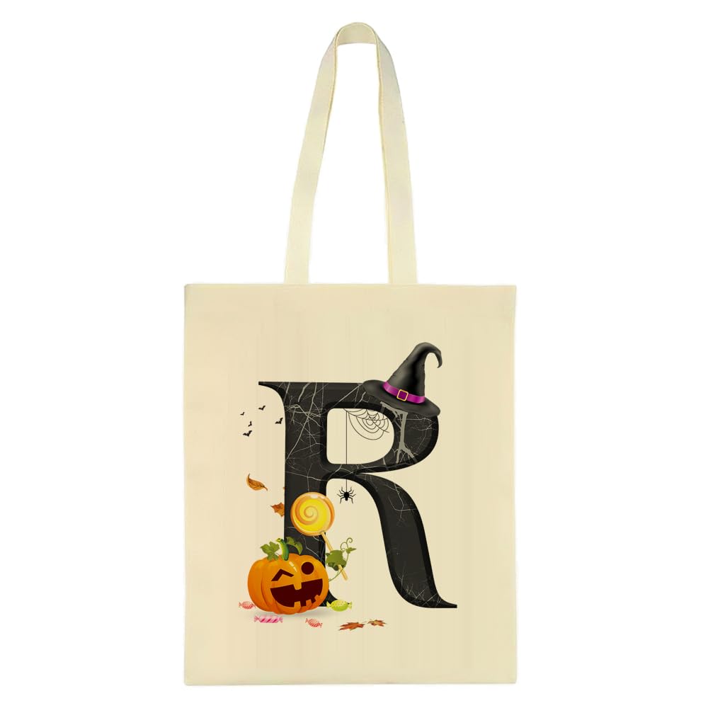 Halloween Initial Tote Bags Gifts for Girl, Trick or Treat Bag, Halloween Letter Bag, Pumpkin Party, Reusable Bag, Shopping Bag, Natural Tote Bag. (R)