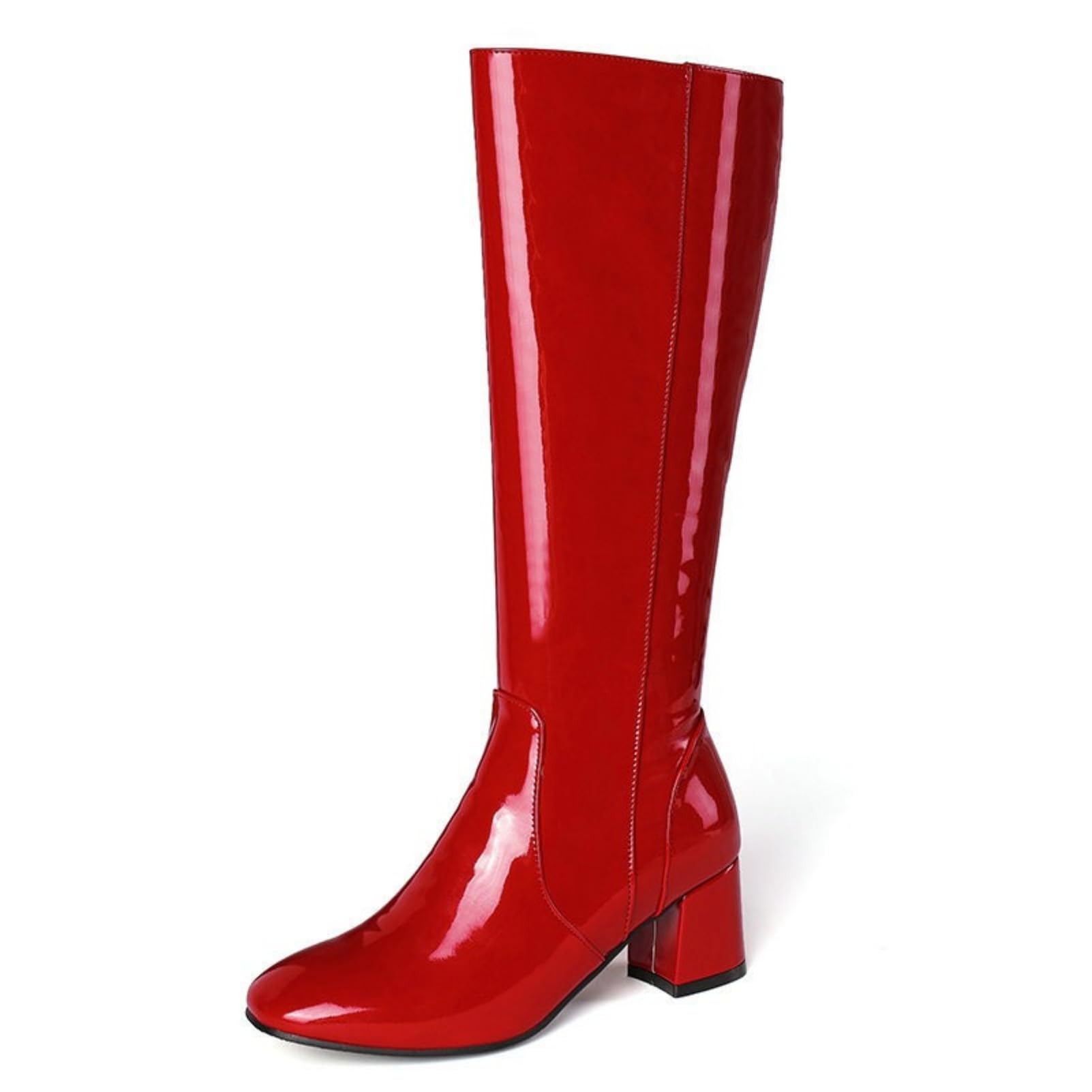 ANUFER Femmes Cuir Verni Haut du Genou Gogo Bottes Talon épais Fermeture éclair Latérale Disco Bottes