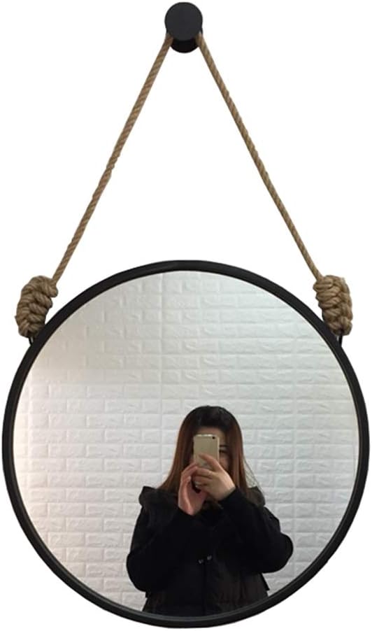 Round Mirror with Metal Frame Round Wall Mirror with Hemp Rope Rope,Metal Framed Decorative Mirror,Creative Makeup Shaving Iron Mirrors