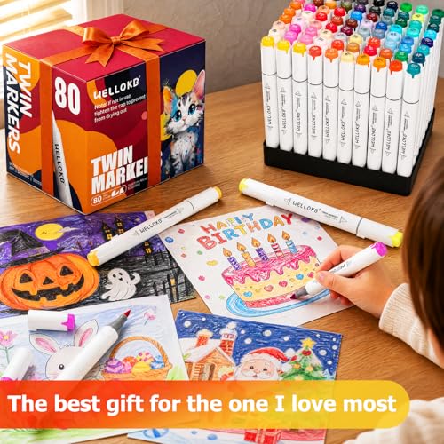 Image of WELLOKB Alcohol Markers, 80 Colors, Dual Tip, Permanent Art Markers with Case for Adults Coloring, Illustrations, Sketching, Book Painting, Card Making