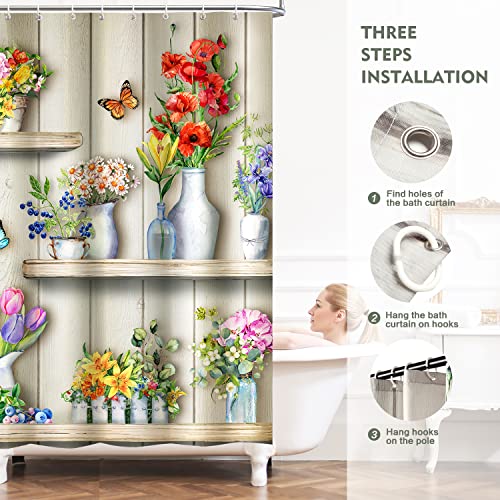Flower Shelves Shower Curtain Boho Farmhouse Shower Curtain Rustic Country Floral Shower Curtains For Bathroom Waterproof Fabric Shower Curtain Set With Hooks Farmhouse Bathroom Curtain Decor 72X72 #TOP6