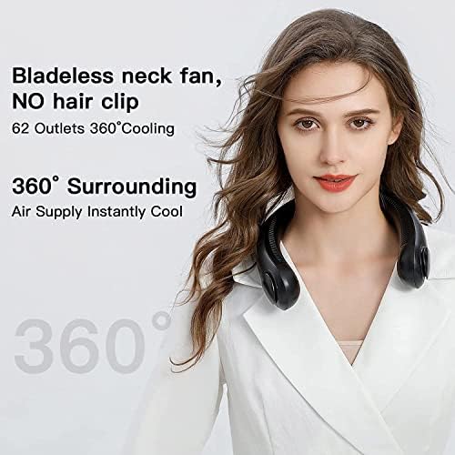 Portable Neck Fan, Bladeless Neck Fan, 3000 mAh Rechargeable Battery, 3 Speeds Adjustment, 360 degrees Airflow, USB Powered Hands Free Fan Perfect for Outdoor Indoor Black