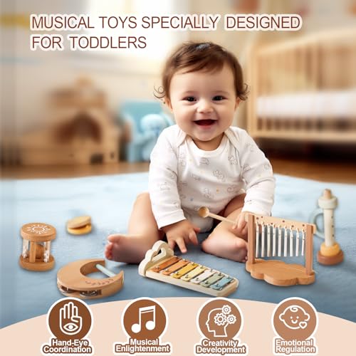 Smartwo instrumenty muzyczne dla dzieci od 1, 2, 3 lat, Montessori muzyka dla niemowląt, zestaw muzycznych zabawek drewnianych z xylofonem, flety, kastaniety, prezent dla dziewczynek, chłopców
