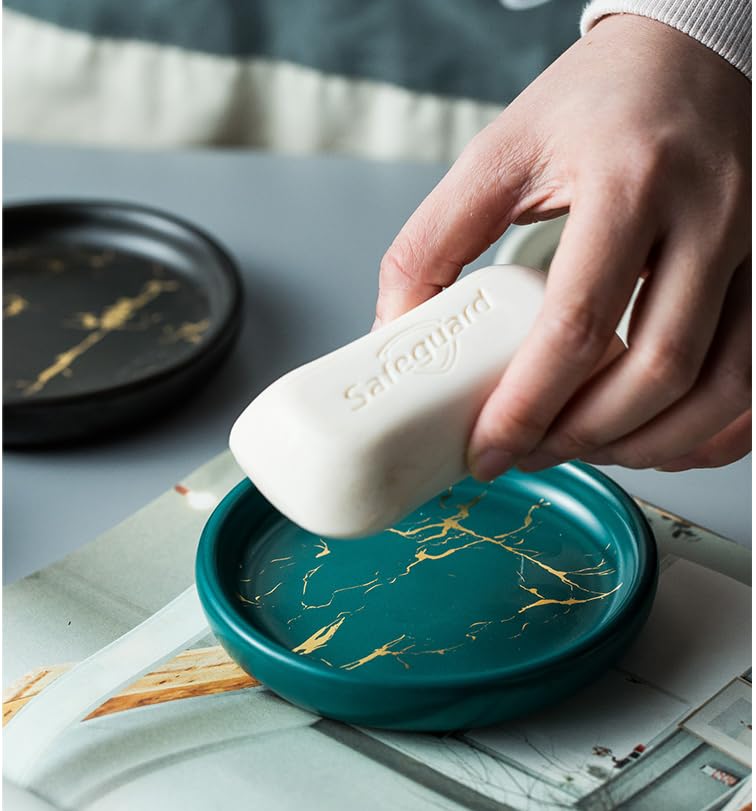 Image of Ceramic Bath Accessories Set of 3 (Luxe Green) - 400ml Soap Dispenser, Tumbler & Soap Dish, Green with Gold Marble Design, Bathroom Countertop Organizer for washbasin