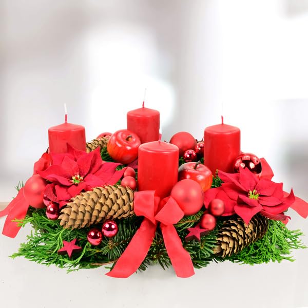 Frischer Adventskranz Weihnachtsstern in Rot, handgebundener Kranz aus...