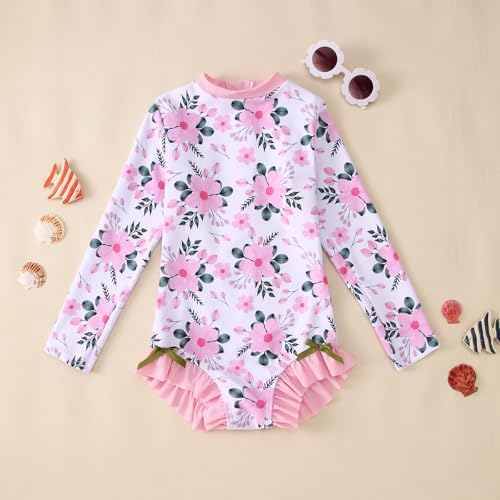 Image of IZYJOY Girl Long Sleeve Swimsuits Ruffle One Piece Rash Guard Bathing Suits Kids Floral UPF 50+ Zipper Swimwear 7-12Y(150(10-11 Years), Flower-Pink)