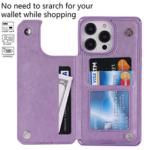 Image of Cavor for iPhone 14 Pro Case with Card Holder,for iPhone 14 Pro Wallet Case for Women Men,Phone Case for iPhone 14 pro with Stand Credit Card Holder, Leather Strap Shockproof Cover- Purple