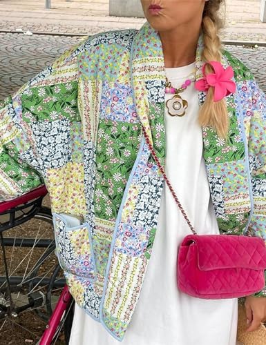 Flygo Womens Cropped Puffer Jacket Floral Print Quilted Coat Lightweight Warm Padded Down Jackets4