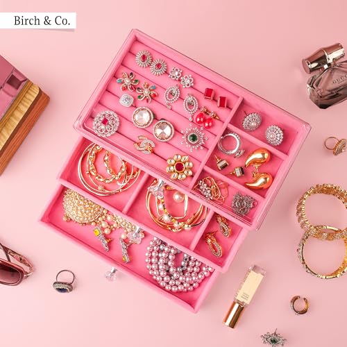 Image of Birch & Co. Jewellery Box - 3 Layer Jewellery Organizer Storage Box, Portable Travel-Friendly Storage. Elegant Storage Case for Rings, Earrings, Necklaces & Bracelets, Pink