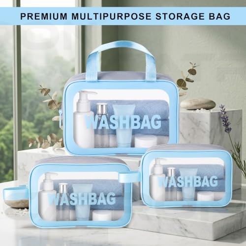 Image of CATRON Makeup PVC Water-Resistant Cosmetic Bag Set 3 Wash Bag Pouch for Multifunctional Travel Kit Toiletry Bag Portable Organizer Case Carry Pouch for Women Bathroom Set (Blue)