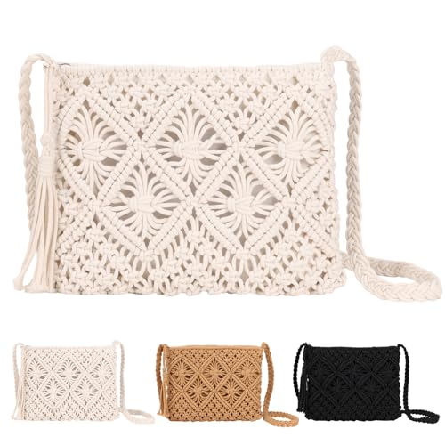 Sahunfri Straw Crossbody Bag for Women Bohemian Shoulder Bag Woven Crochet Purse For Summer Beach Travel Clutch Handbag (White)