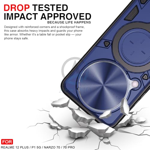Image of AESTMO Armor Compatible with Realme 12 Plus / P1 / Narzo 70 /70 Pro 5G Bumper Back Case Cover | Ring Holder & CD Pattern Sliding Camera Shutter Cover | 360 Degree Protection Back Case Cover (Black)