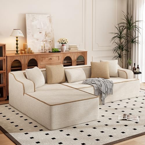 PHI Villa Canapé Compressé Modulable, Boneless Couch Canape Mousse 4 Places en L avec Siège Profond et 5 Coussins, Velours Côtelé, Aucun Assemblage Requis, Beige
