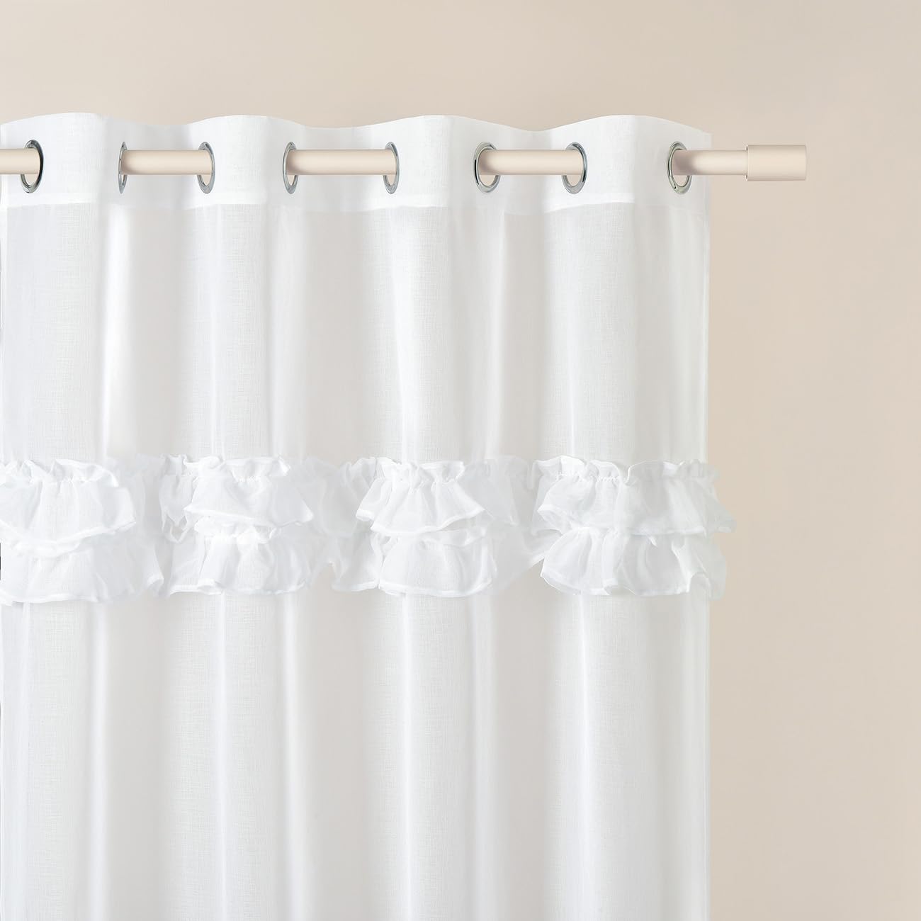 ROOM99 Cortina con Ojales Frilla 140 x 250 cm Ancho x Alto, Transparente Moderna para Salón y Dormitorio, Blanco con Volantes, 1 Pieza OEKO-TEX STANDARD 100