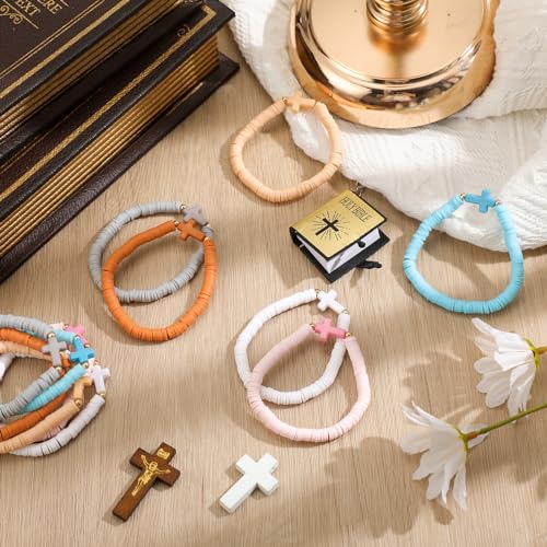Ecation 36 Pcs Silicone Cross Bracelet Bulk for Women Men Christian Jesus Prayer Beaded Bracelet Religious Faith Gifts(Rainbow Color)