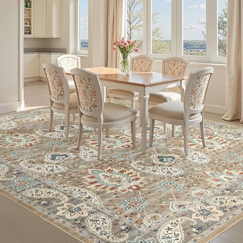 Tortania Area Rug Living Room Rugs - 10x14 Washable Boho Rug Vintage Oriental Distressed Farmhouse Large Thin Indoor Carpet for Living Room Bedroom Under Dining Table Home Office - Paisley Brown