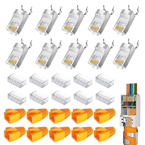 30 Connecteurs RJ45 Cat7/Cat6A – Avec étui De Protection Orange Et Support Transparent, Pour Câbles Réseau