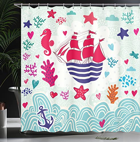 ABAKUHAUS Ocean Shower Curtain, Maritime Theme a Sailing Ship Anchor Seahorse and Sea Star Illustration Art - Image 3