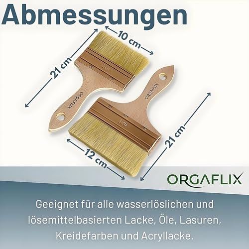 ORGAFLIX Flächenstreicher 100mm + 120mm für Öl, Lacke, Lasur, Beizen, Acryl, Kreidefarbe - Perfekt für große Flächen, Lasurpinsel Holz außen, Ölpinsel Holz, Flachpinsel, Lackpinsel, Pinselset