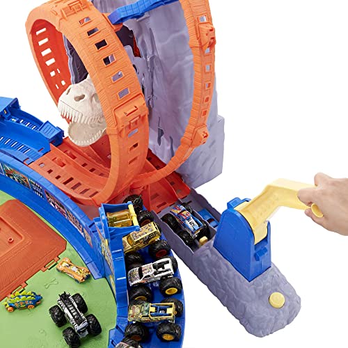 Hot Wheels Autorennbahn Monster Truck T-Rex Vulkan Area, inkl. 1 Monstertruck/1 Spielzeugauto/2 Starter, mit Beleuchtung und Geräuschen… – Ansicht 3
