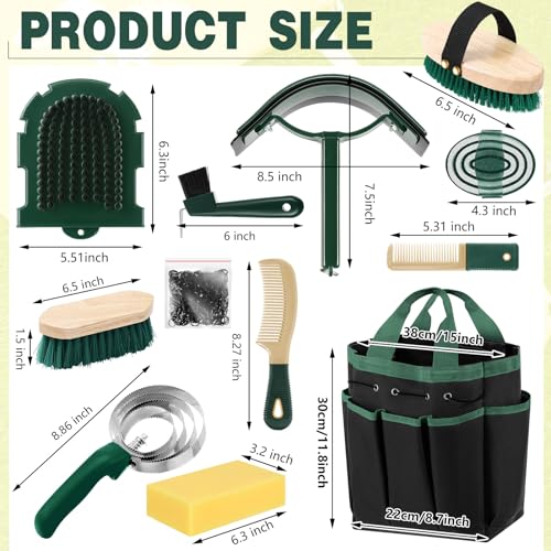 Abbylike 12 Piece Horse Grooming Kit with Organizer Tote Bag Brush Sets for Derby Day Show Horses Professional Tools for Care & Massage(Khaki and Green) - Image 2