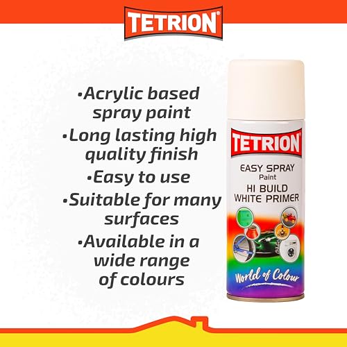 Image of Tetrion Easy Spray Paint Primer - Hi-Build White 13.5 oz (Pack of 6) - Fast-Drying Multi-Surface Priming Spray Paint for Metal, Wood, Plastic & Glass - Indoor /Outdoor, 400ml
