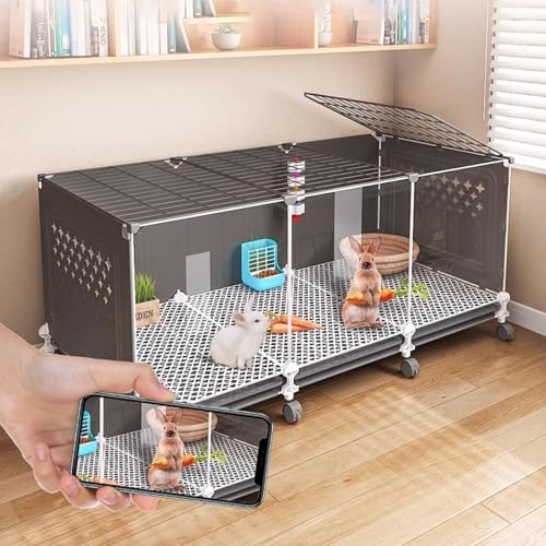 Kaninchenkäfig auf Rädern, transparentes Design, belüftete Seitenteile, leicht zu reinigende Schale, modulare Konstruktion für den Innenbereich