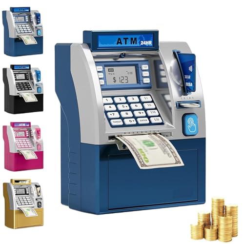 デジタルマネーボックス、スマートATM貯金箱、電子貯金箱、デビットカード付き電子ミニATM貯蓄銀行、漫画金庫、パスワードログイン音声プロンプト(Blue)