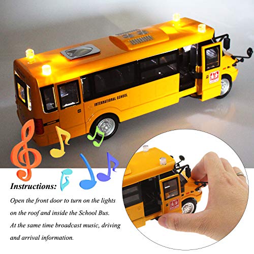 Tipmant Alloy School Bus Model Toys Pull Back Vehicle Car Broadcasting Sound & Music, Lights, Moveable Doors Kids Birthday #TOP2