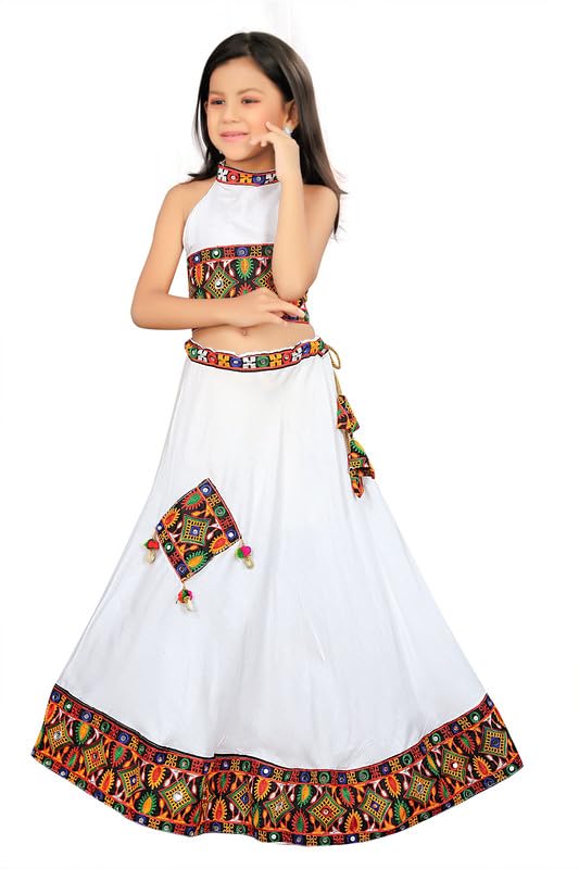 EXGLOW Kids Embroidered Traditional Ghoomar Lehenga Choli |Chania Choli|Radha Dress|Navratri/Dandiya/Garba Dress for Girls (2 To 3 Year) White Color