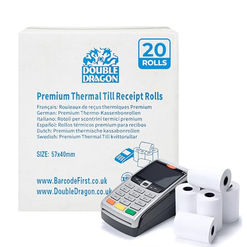 Double Dragon 20 Rolls 57 x 40mm Thermal Receipt Paper Till Rolls for Credit Card Machines & PDQ Terminals Compatible with Ingenico Verifone Barclays Pax Worldpay Sagem Spire | BPA-Free