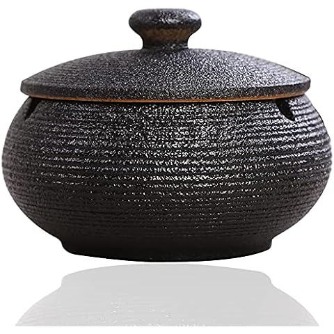 Panngu Windaschenbecher Schwarz Retro Keramik, Aschenbecher mit Deckel für Draußen, Einfachheit Zigarren Aschenbecher für Zuhause und Büro Dekoration (11.5X8.5cm) Cover