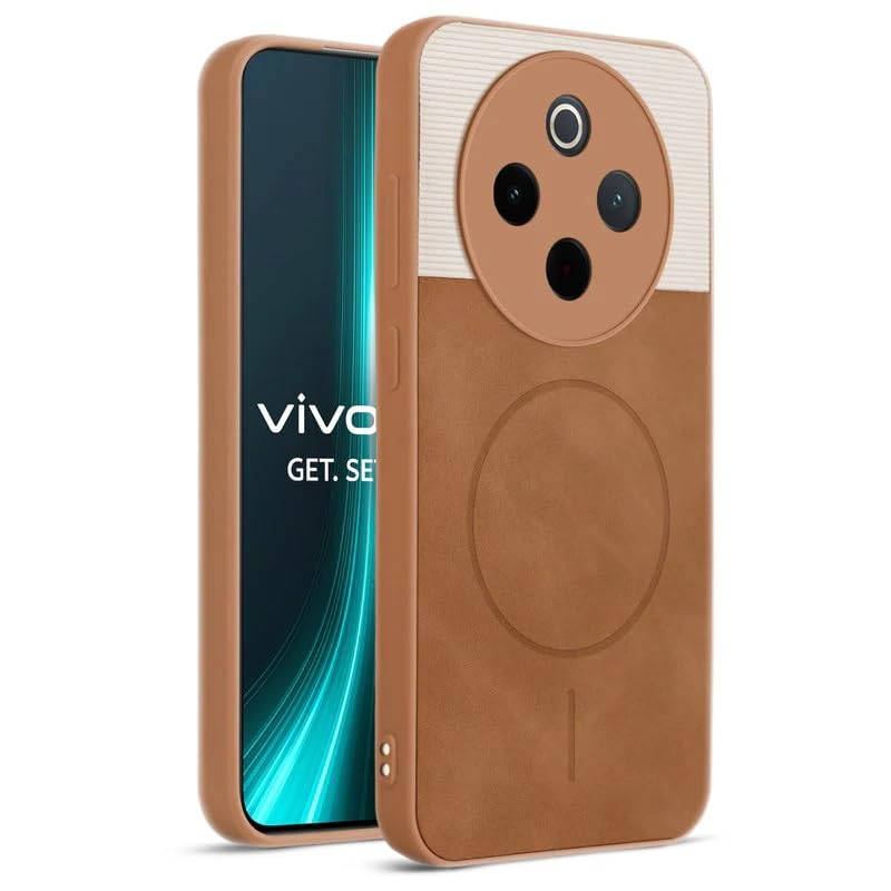 Image of Bintage case Dual-Leather Macc-Safe Design Phone Case| Soft Touch Finish | Full Camera Protectection Back Cover Compatible for IQOO I2407 / Z10 5G /Vivo T4 5G - White & Nut Brown