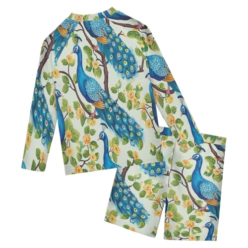 Spring Peacock Boys Swimsuit Rash Guard Toddler Kids Long Sleeve Swim Shirt and Trunks Swimwear Set 3-10Y2