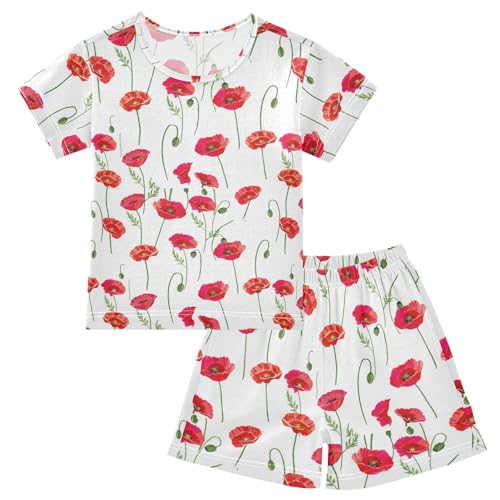 CHIFIGNO Poppy White Unisex Snug-Fit Short Sleeve Cotton Pj Set with Pocket 5Y