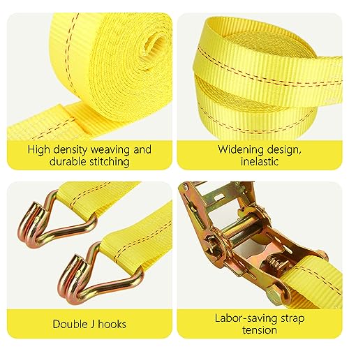 4 Pack 2 Inch Ratchet Straps Heavy Duty 20ft Tie Down Straps Ratchet with Double J Hook, 10000 LBS Break Strength, Cargo Ratchet Straps for Moving, Truck, Trailers, Motorcycles, Kayaks, Car Roof - Thumbnail 3
