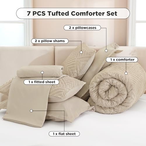 Image of Andency Oversized Queen Size Comforter Set with Sheets Khaki - 7 Pieces Bed in a Bag Oversized Queen Boho Tufted Lightweight Bedding Sets with Comforter, Sheets, Pillowcases & Shams