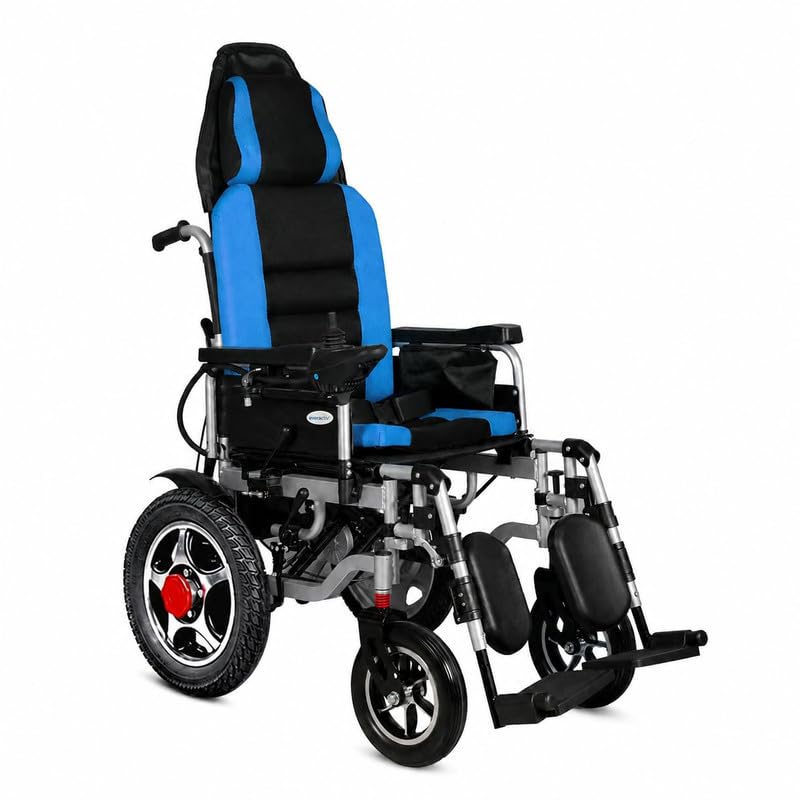 Image of EverActiv EcoRider Electric Wheelchair for Adults, Elderly & Patients | 165 Reclining Foldable Motorized Wheelchair | Adjustable Headrest & Elevating Detachable Footrest | Lithium Ion Battery, 15 to 20 km Range | Airline Friendly, Heavy Duty | Blue