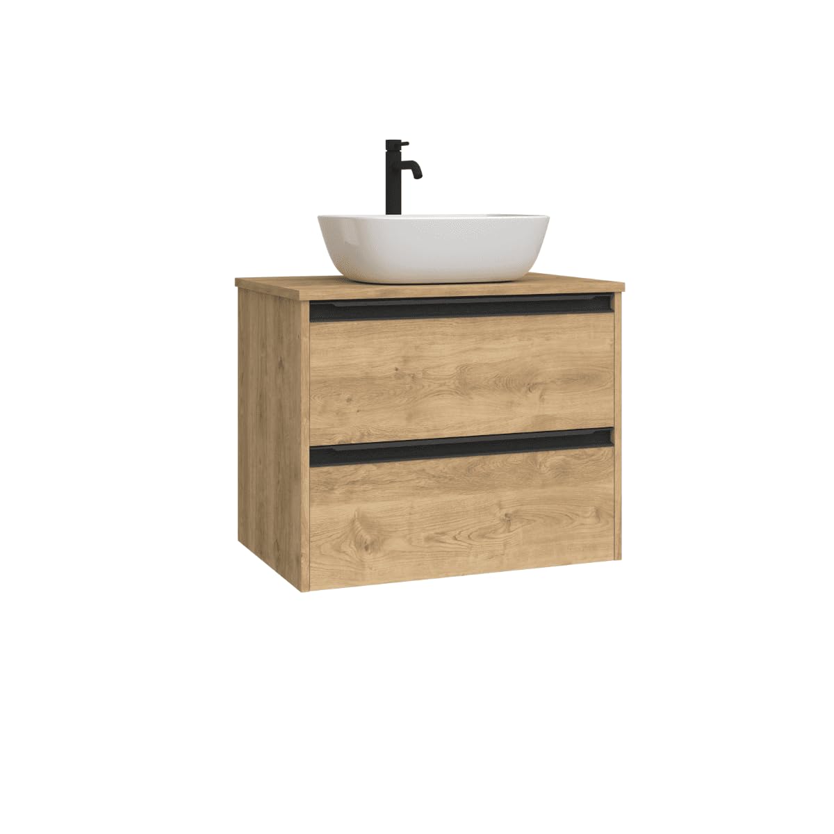 Mueble de Baño Suspendido con Lavabo Sobreponer Cerámico |Mueble Volado 2 Cajones Con Tirador | 60 cm Roble Natural Tirador Negro