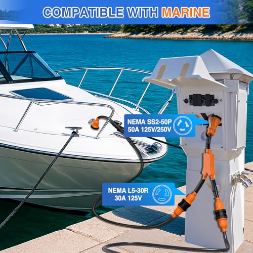 Image of Nilight 50 Amp to 30 Amp Marine Shore Power Adapter NEMA SS2-50P to 2 x L5-30R RV Y Splitter Cord w /Locking Rings Pure Copper Heavy Duty Cable ETL Listed for RVs Boat Yacht Camper Outdoor Use
