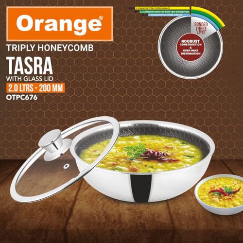 Image of Orange Triply Honeycomb Stainless Steel Tasra Kadai with Glass Lid (2 Litre, 20cm Diameter) | Heavy Bottom, Scratch Resist Non-Stick Tasra /Tasla | Induction Friendly | 5 Year Warranty