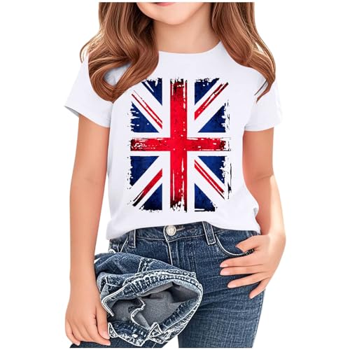 Girls UK Flag T-Shirt Short Sleeve Shirts Union Jack Flag Graphic Tees United Kingdom Tshirts Tops