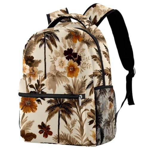 Sac à dos d'école adolescents grand volume anti-fatigue à motif tropical beige et marron