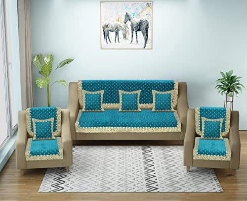 Image of Premium 5 Seater Printed Sofa Cover Set with Coushion Covers, 3,1,1 Seater 10 Pieces Sofa Back Slip Panels, Single Seater,Sky Blue (Pack of 11)