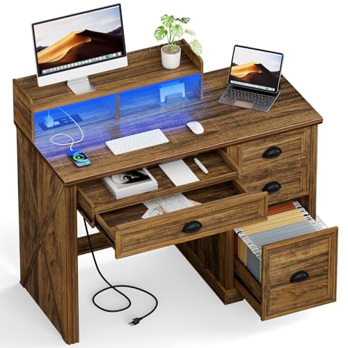 Lareth Computer Desk with Monitor Stand, 47 in Farmhouse Home Office Desk with LED Lights Power Outlets, Executive Desk with Storage for Working Gaming, Study Writing Table for Bedroom, Walnut