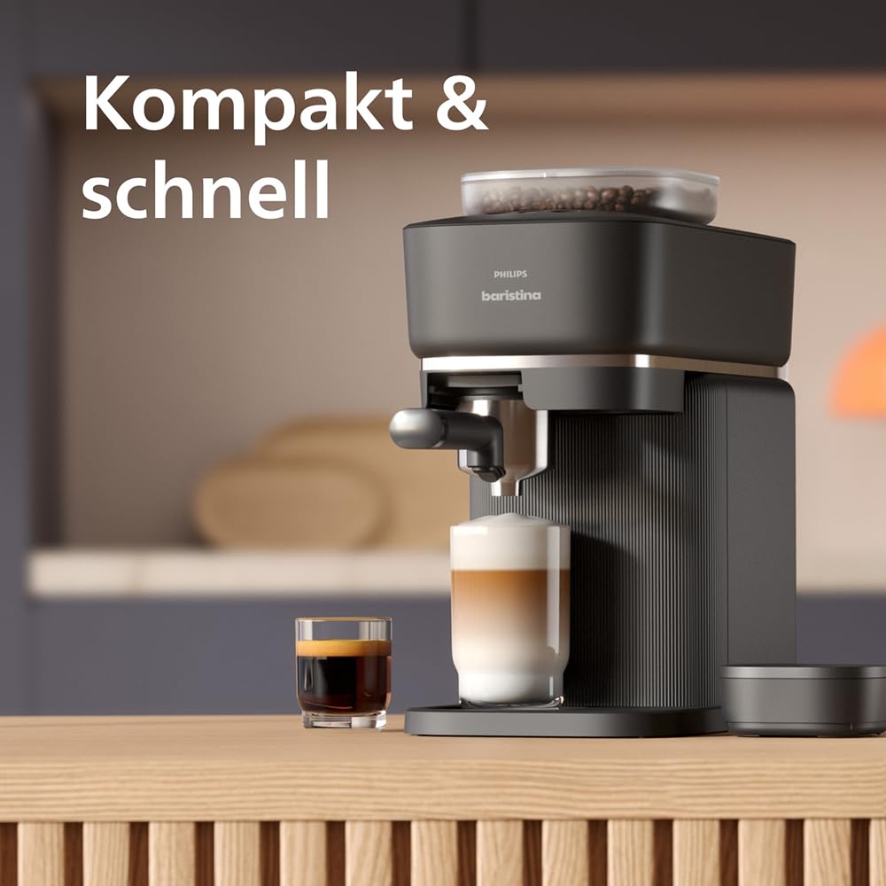 Philips Baristina Espressomaschine und Milchaufschäumer Paket –Automatisches Mahlen, Tampen & Brühen, 16 Bar, Kaffeemaschine mit Mahlwerk & Siebträger, leichte Reinigung, Schwarzgrau (BAR308/60)