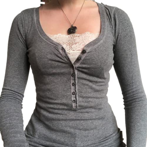 Women Y2k Fairy Grunge Graphic Tees Vintage Long Sleeve T Shirts Aesthetic Blouses Teen Girls Slim Fit Fall Tops (Vintage# Grey, L)2