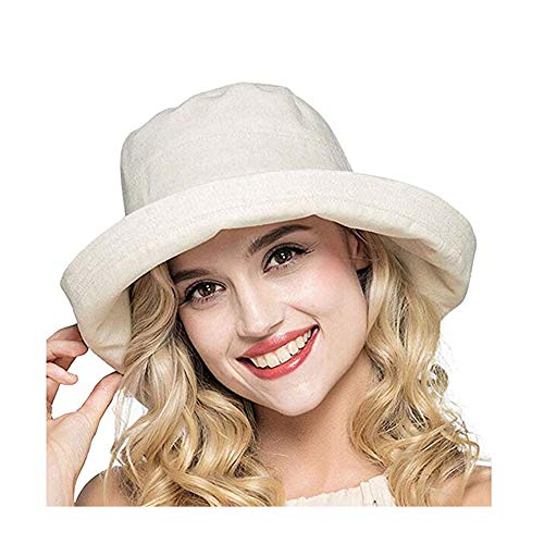 Yelesley Cotton Linen Wide Brim Bucket Hats For Women Foldable Beach Sun Protection Hats With Chin Strap Beige #TOP1