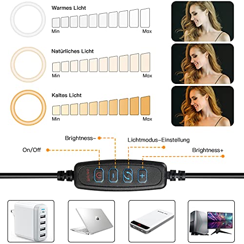Ringlicht Laptop, LED Ringlicht mit Stativ und Handyhalter für Handy & Webcam, 10" Selfie Videokonferenz Licht für Videoanrufe, Selbstübertragung, YouTube, TikTok, Make-up – Bild 3
