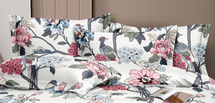 Image of Bedding Set Combo of Double Bed Duvet Cover Set with Fitted Bedsheet & 2 Pillow Covers | 300 TC Cotton Fabric | Zipper Closure |All Round Elastic|Warm Stuff|SED 025|White Petals | Breathable material